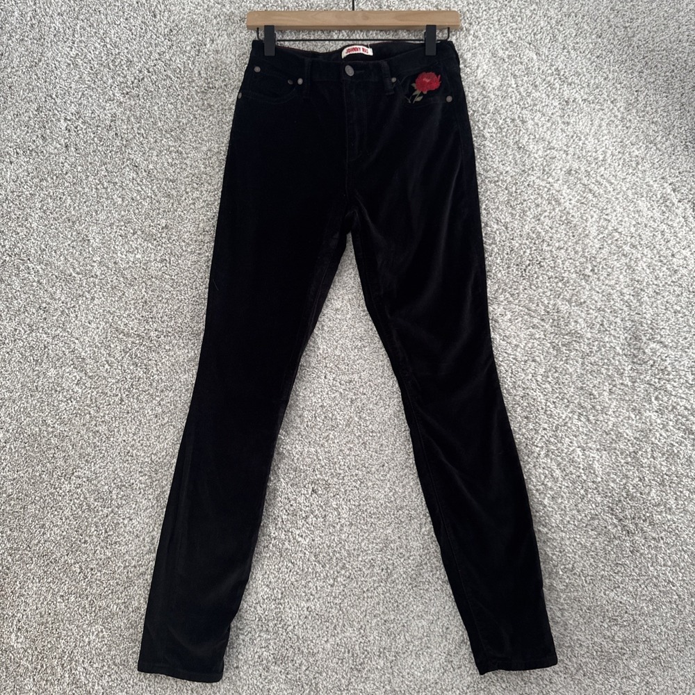Johnny Was Womens Sz 27 Black Velvet Embroidered Red Roses Skinny Pants